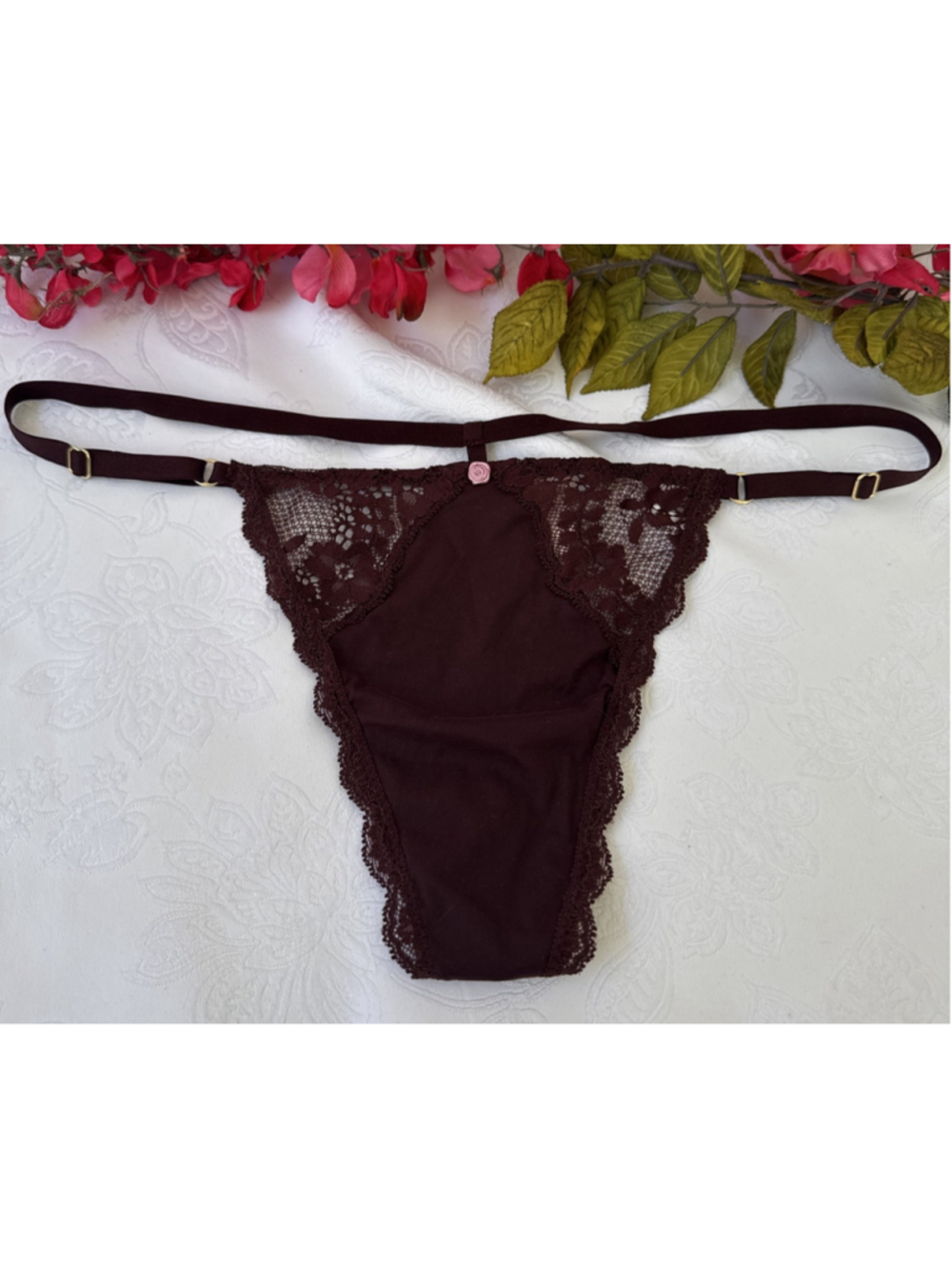 VICTORIA'S SECRET XL BROWN DREAM ANGELS SILKY V STRING STRAPPY THONG PANTIES NWT